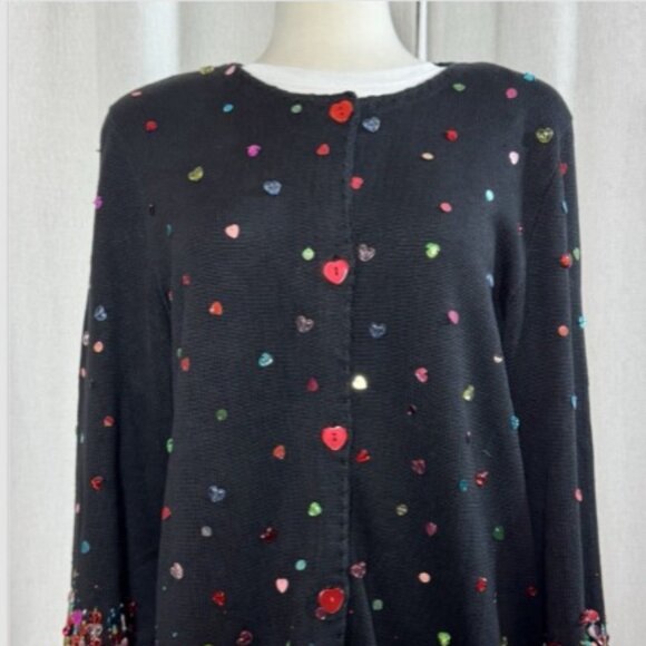Michael Simon Event Cardigan XL Black Beaded Sequin Heart Button Front Sweater - Picture 7 of 14